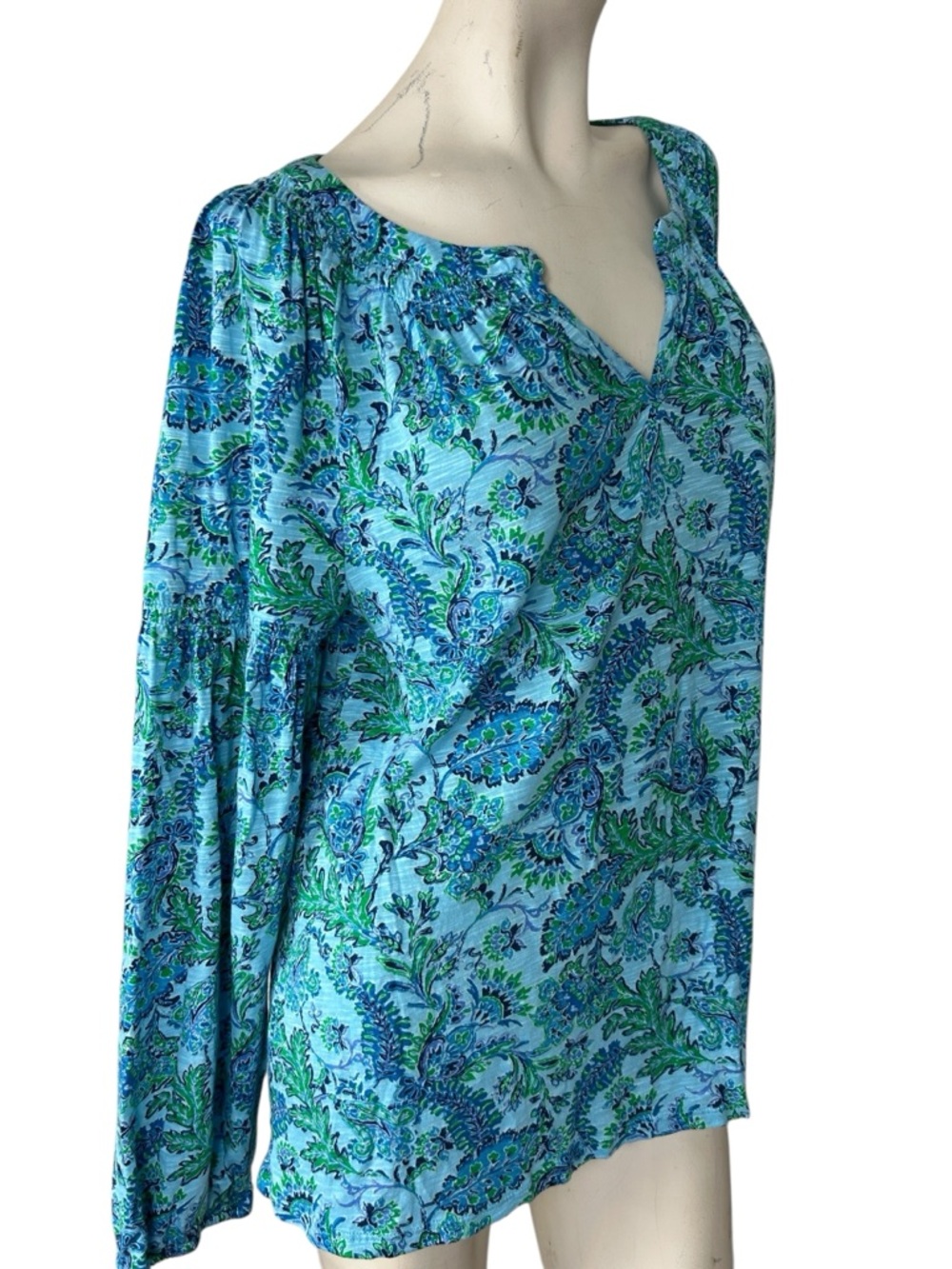 J. Jill Paisley Floral Top Large Tall Blue Green Boho Long Sleeve Blouse Stretch - Picture 3 of 7